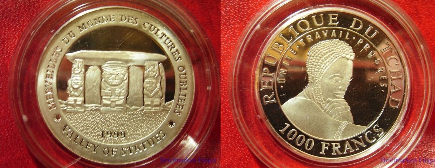 1999 Chad Large Silver Proof 1000 fr World Wonders-Valley Statues