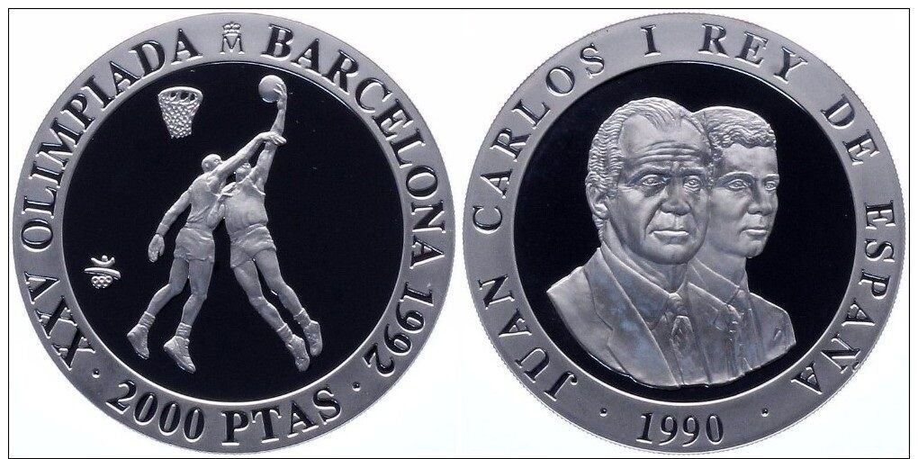 1990 Spain Large  silver Proof 2000 Pesetas-Ancient Olympic Basketball