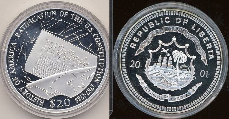 Liberia 2001 Large Silver Proof $20-US History-Constitution