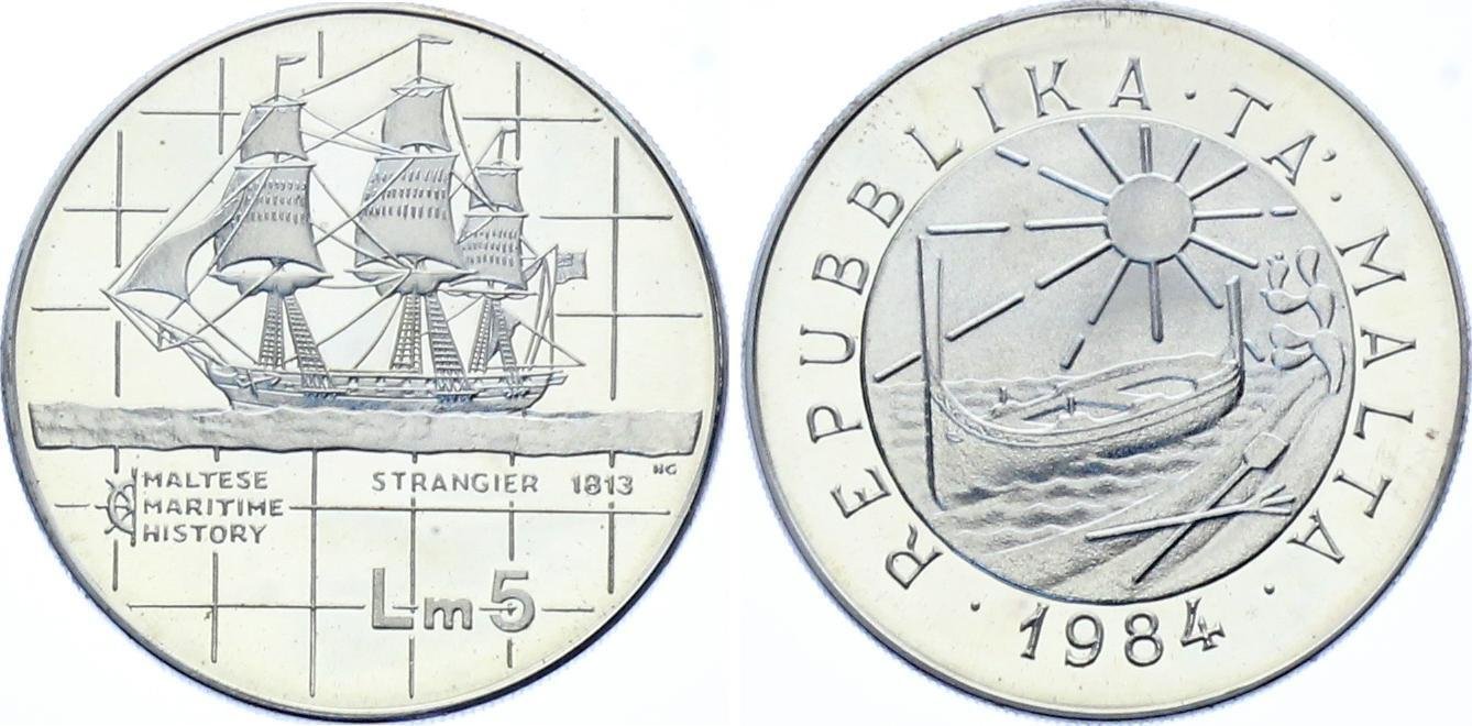 1984 Malta Large Prooflike Silver 5L Sailing Ship Strangier