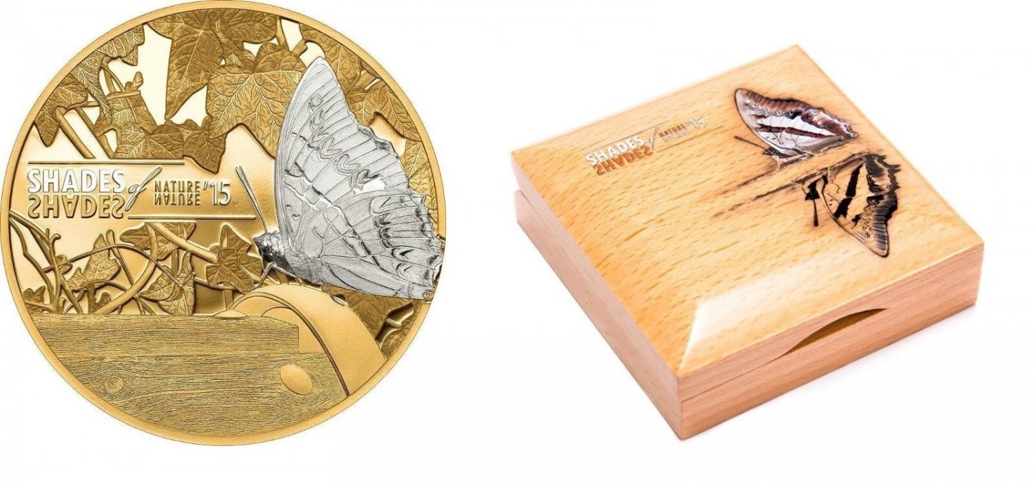 Rare 2015 Cook Is.Large Proof Silver Gilt $5 Butterfly-Shades Of nature-Gift Box