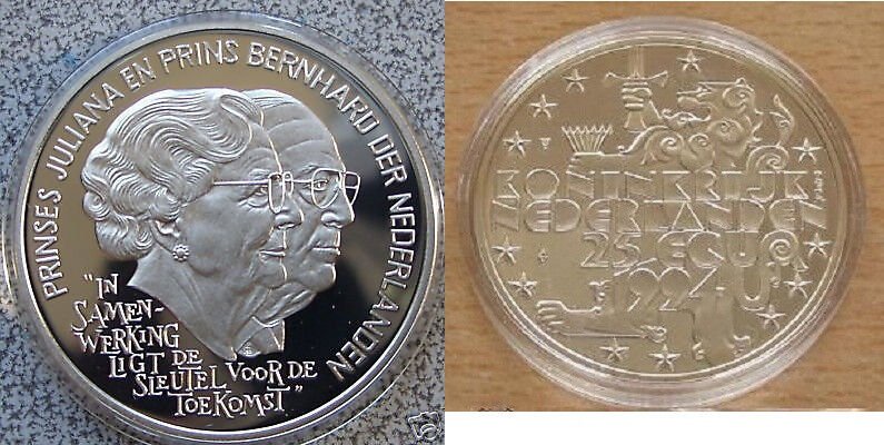 1994 Netherlands Large Proof Silver 25 Ecu Juliana/Bernhard
