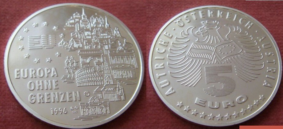 1996 Austria Large Proof Silver 5 Euro-Europe w/o Borders-Landmarks