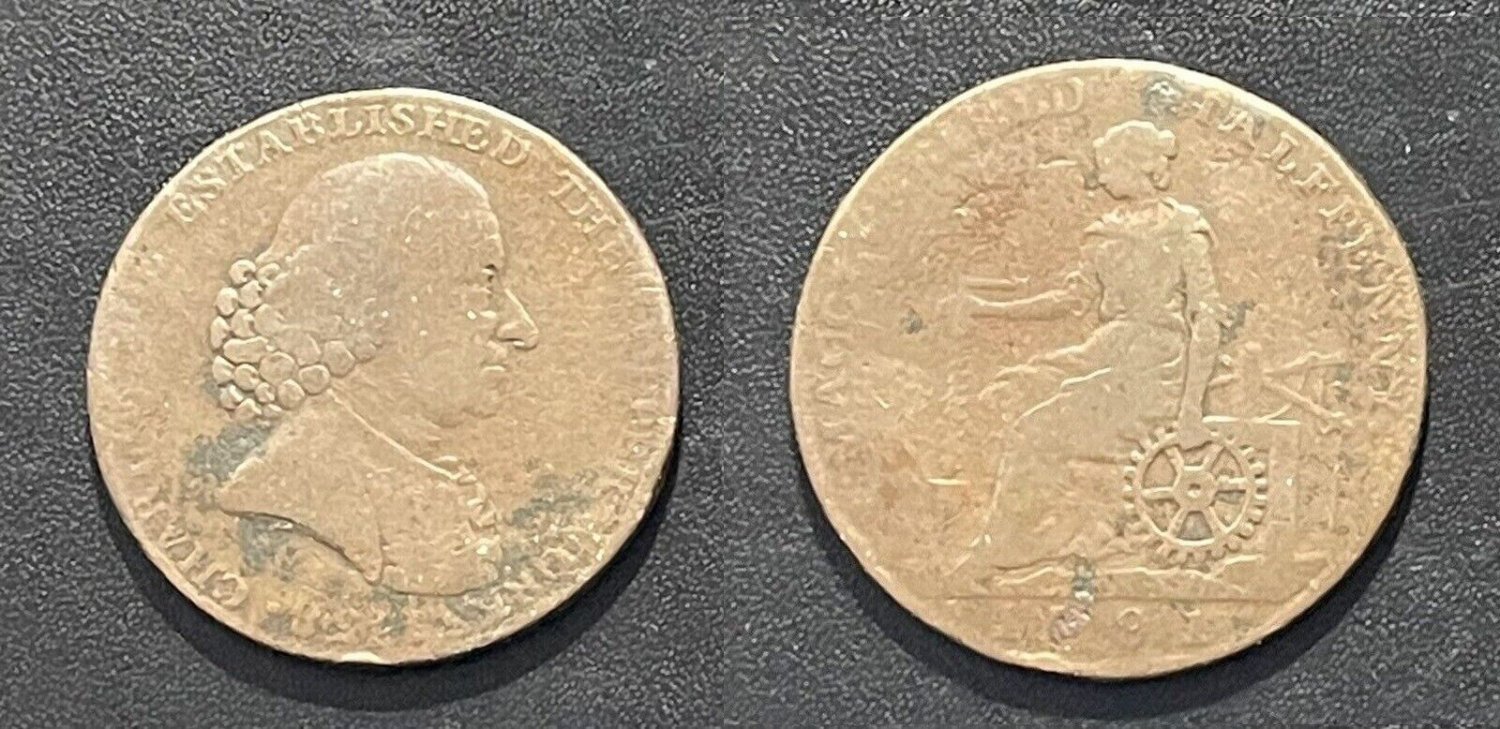 1791 Great Britain Conder Token, Maccles field Charles Roe Halfpenny