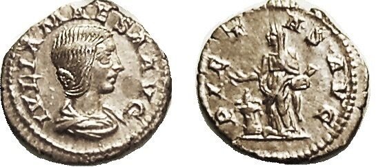 Ancient Rome ca AD 218 JULIA MAESA, Den, PIETAS AVG, Pietas stg at altar