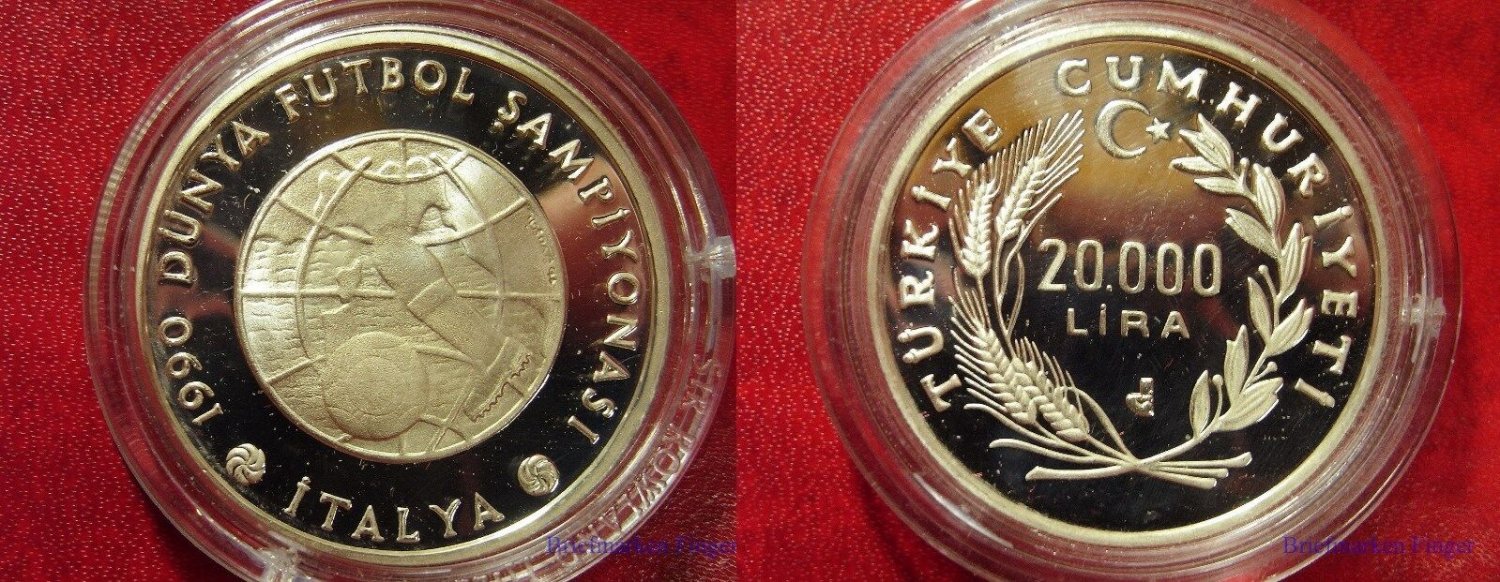 1990 Turkey Large Silver Proof 20000 l World Cup Soccer(Football) Italy Map/Ball