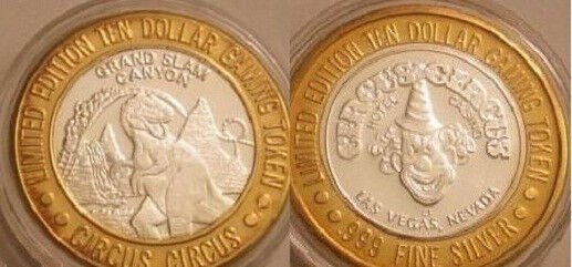 USA Large Silver bi-metal Las Vegas Casino $10 Token-T-rex Dinosaur/Circus/Clown