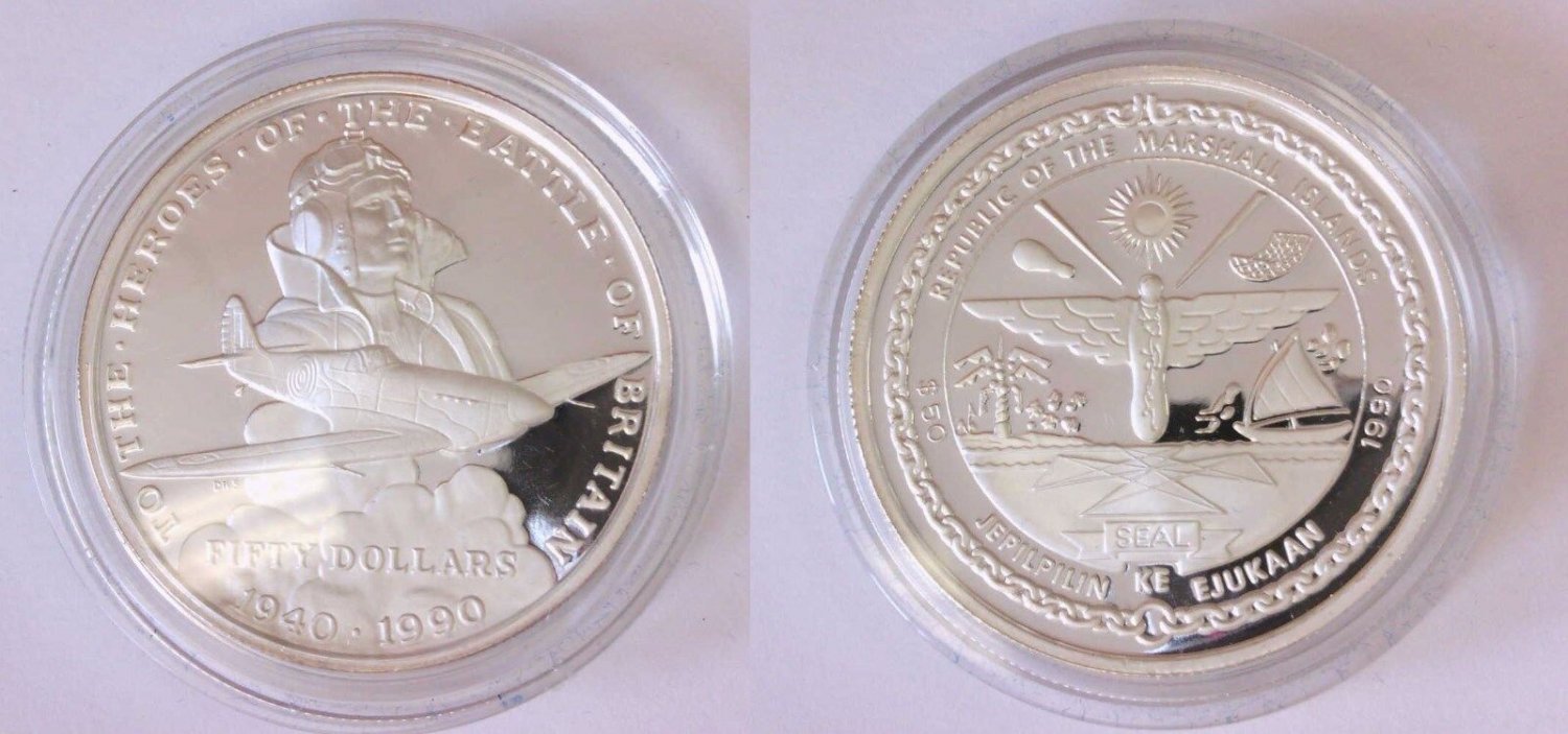 1990 Marshall Isl.Large 1 OZ Silver Proof $50-WWII-Battle of Britain-Airplane