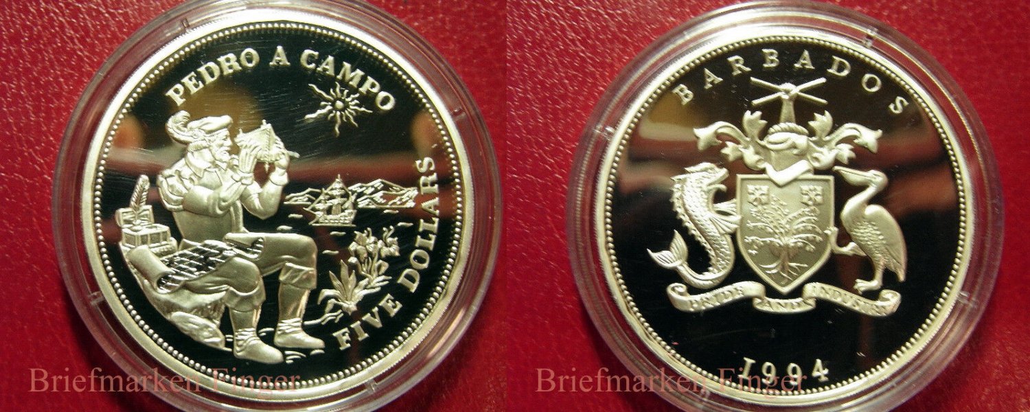 1994 Barbados Large Proof Silver $5-Pedro A Campo/Sailing ship