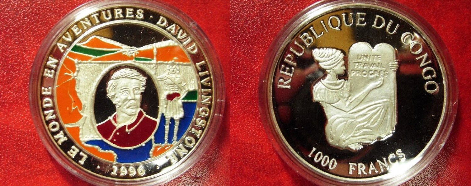 1996 Congo Very  Large 45mm Silver Color Proof 1000 Fr Livingstone