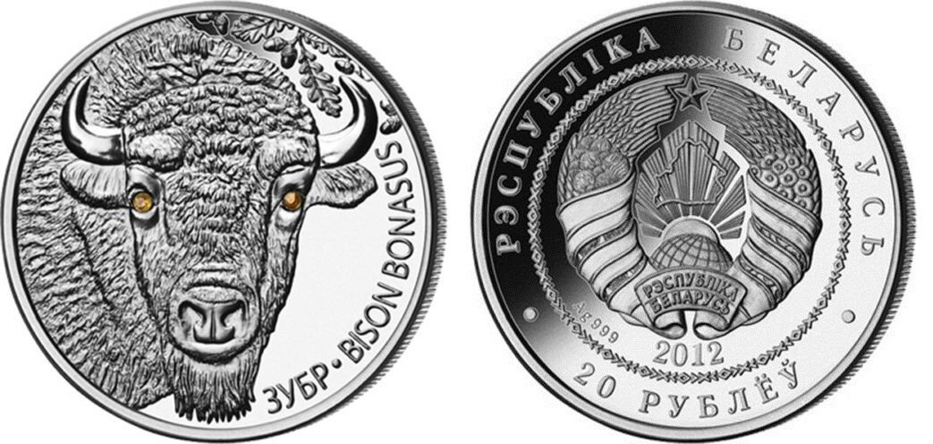 2012 Belarus Large silver Proof w/cubic Zirconia 20 r Bison