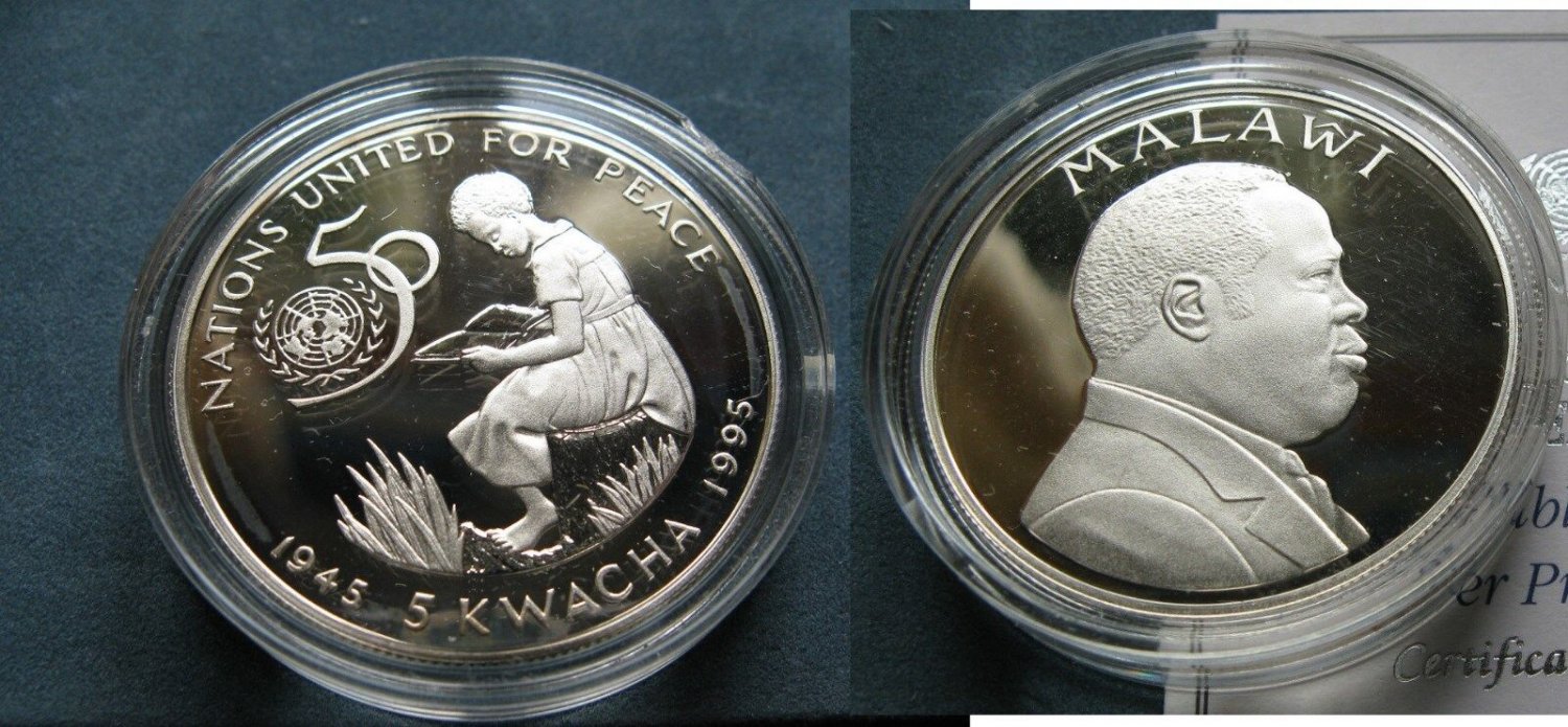 1995 Malawi Large Silver Proof 5 Kwacha 50 years United Nations