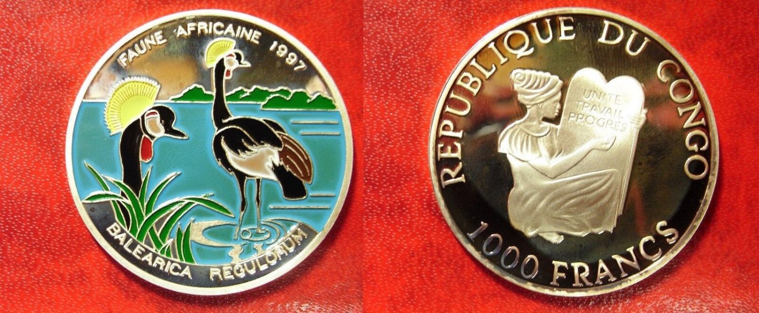 1997 Congo Large Silver Proof color 1000 Fr- Royal Crane