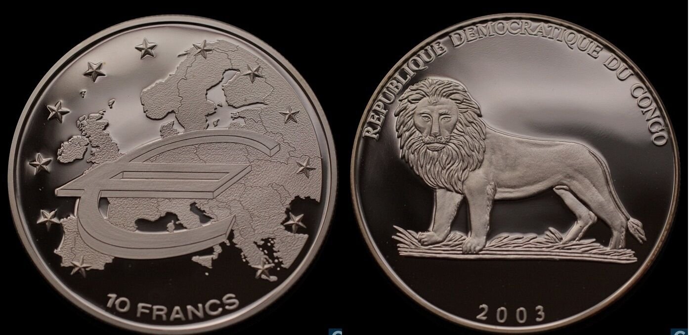 2003 Congo Large Silver Proof 10 Francs-European Union/Lion