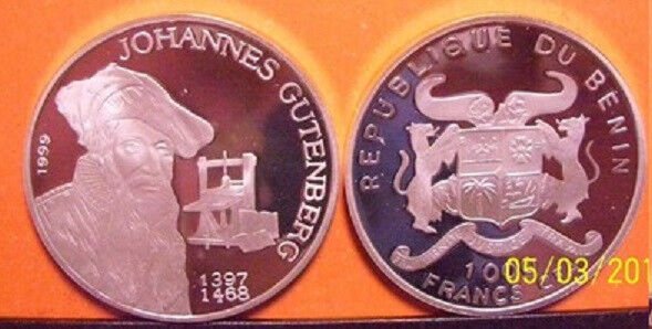 1999 Benin Large Silver  Proof 1000 fr Gutenberg-First Printer