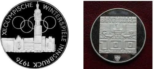 1976 Austria Large Silver  Proof 100 sh Innsbruck Olympics-Tower