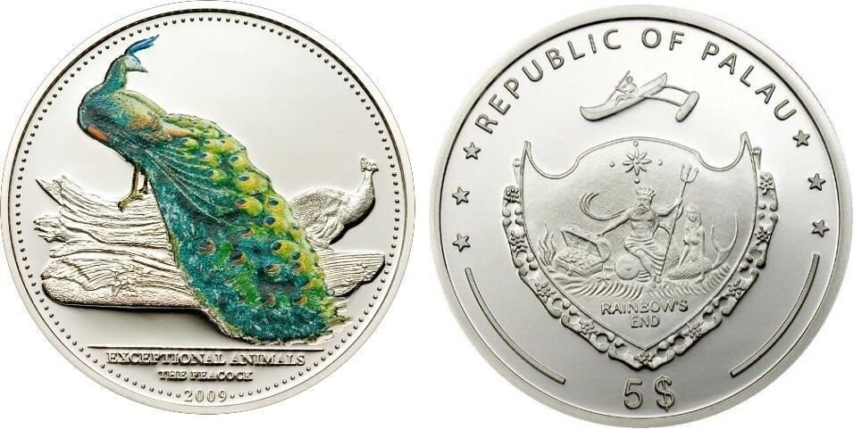 2009 Palau Large Silver Proof color $5 Peacock/Neptune/Mermaid