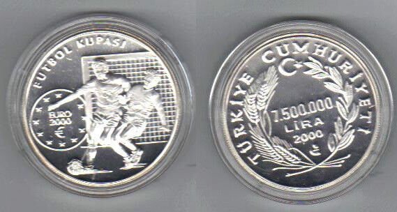 2000 Turkey Large Silver Proof 7,500.000 Lira Soccer