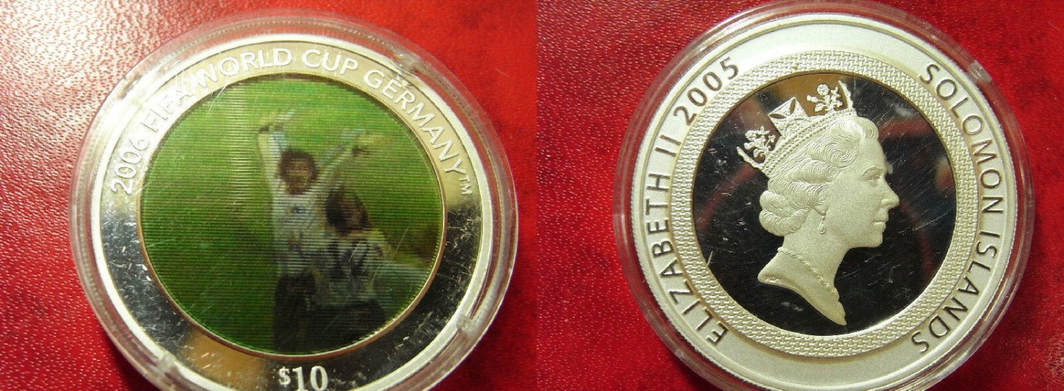 2005 Solomon Is Large Proof Color 2 image Silver $10 World Cup Soccer