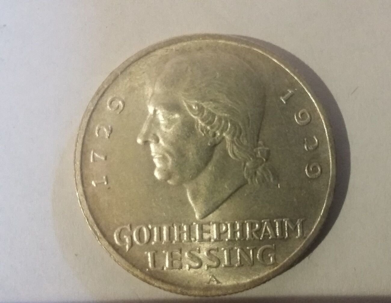 Rare 1929 A  Germany Large Silver 3 marks-Lessing-Nice #3