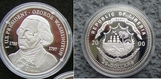 Liberia 2000 Large Silver Proof $20-George Washington