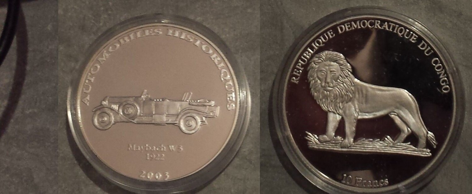 2003 Congo Large Silver Proof 10 Francs-Auto History-Maybach 1922/Lion