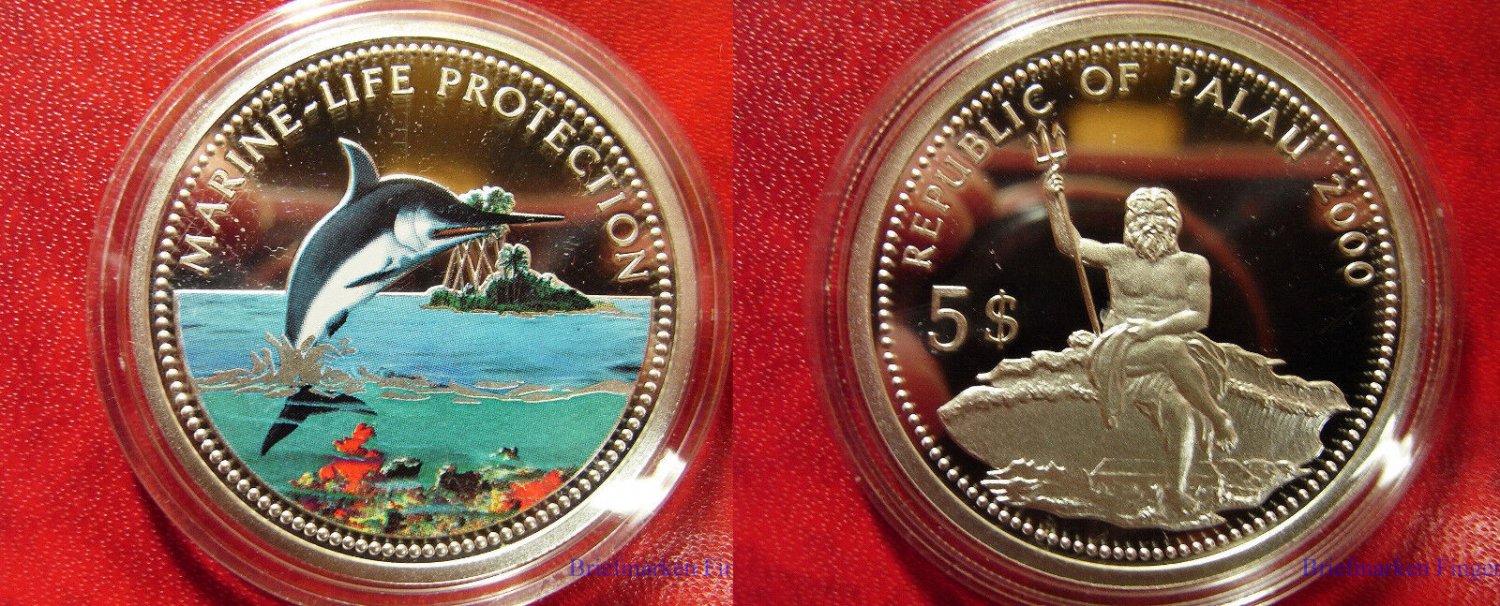2000 Palau Large Silver Proof Color  $5 Sword fish/Neptune