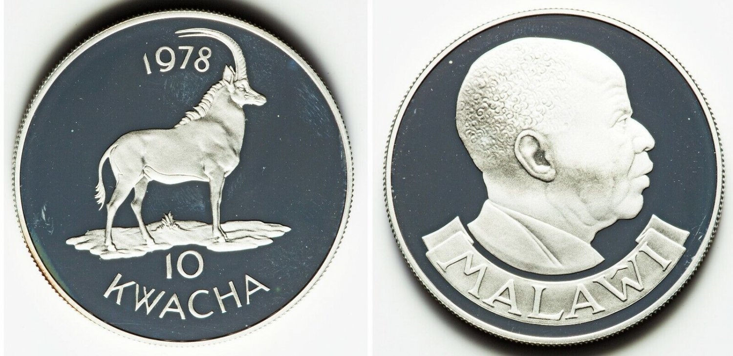 1978 Malawi Large Silver Proof 10 Kwacha Antelope