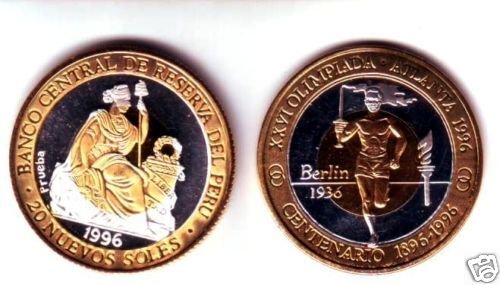 Rare 1996 Peru Lrg.3-met pattern 20 S Olympic Flame T2