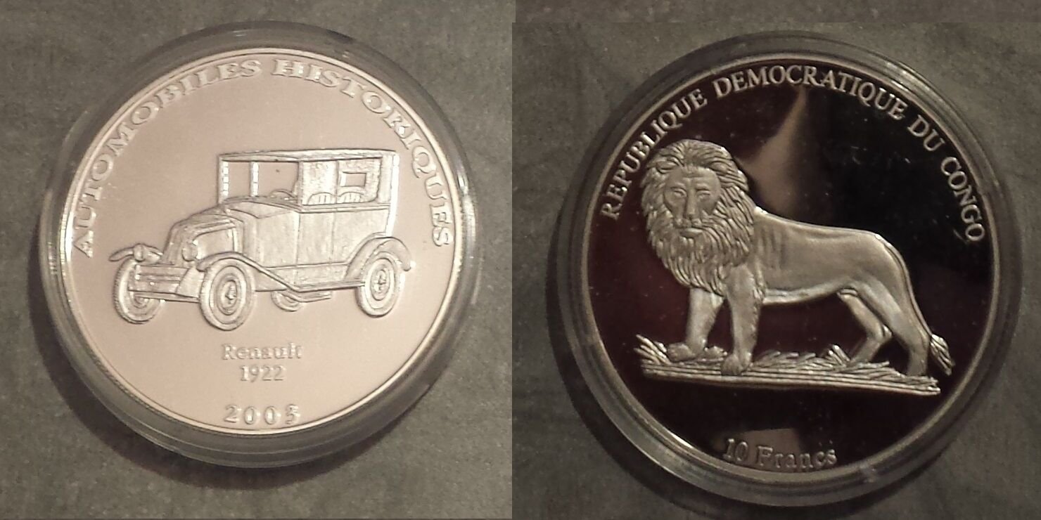 2003 Congo Large Silver Proof 10 Francs-Auto History-Renault 1922/Lion