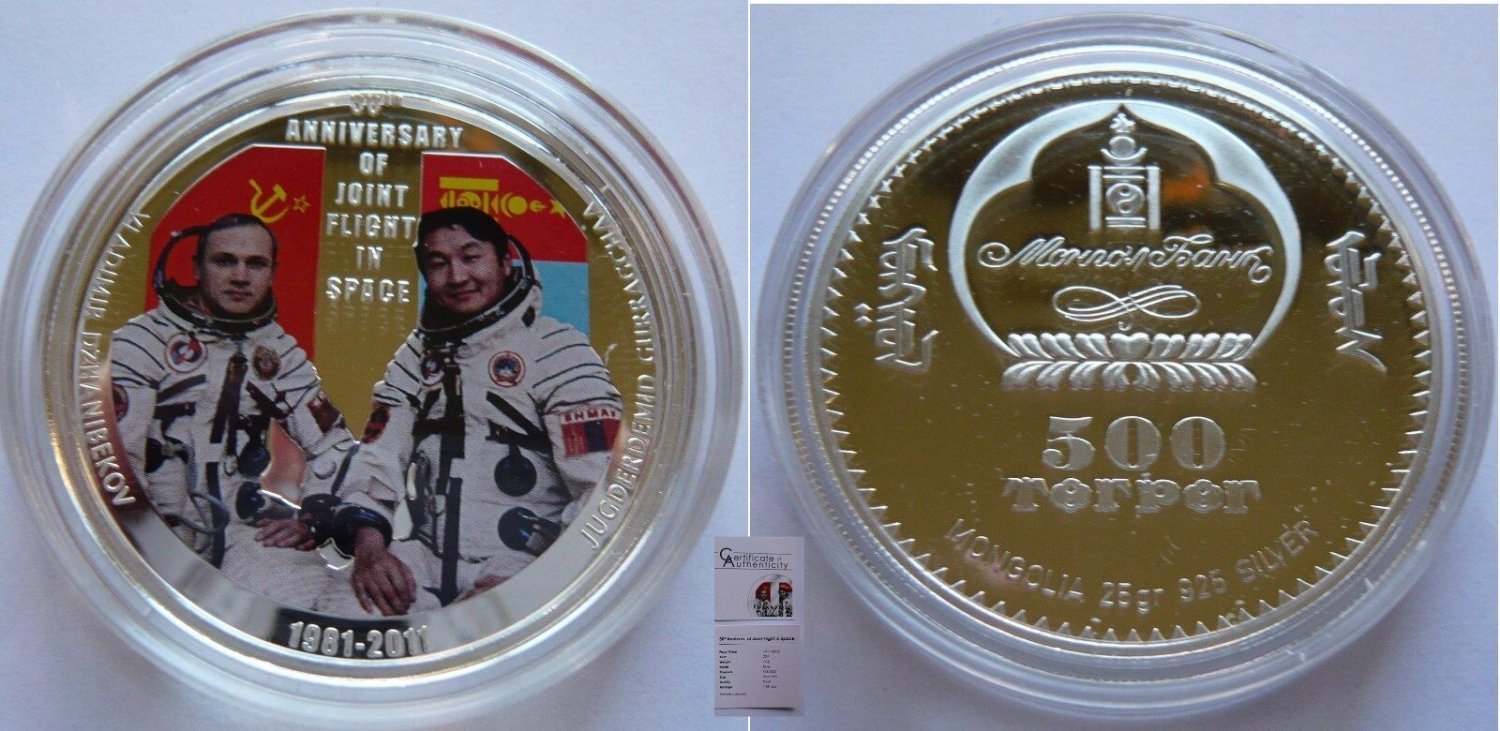 Rare 2011 Mongolia Large Silver Proof Color 500 Space Exploration