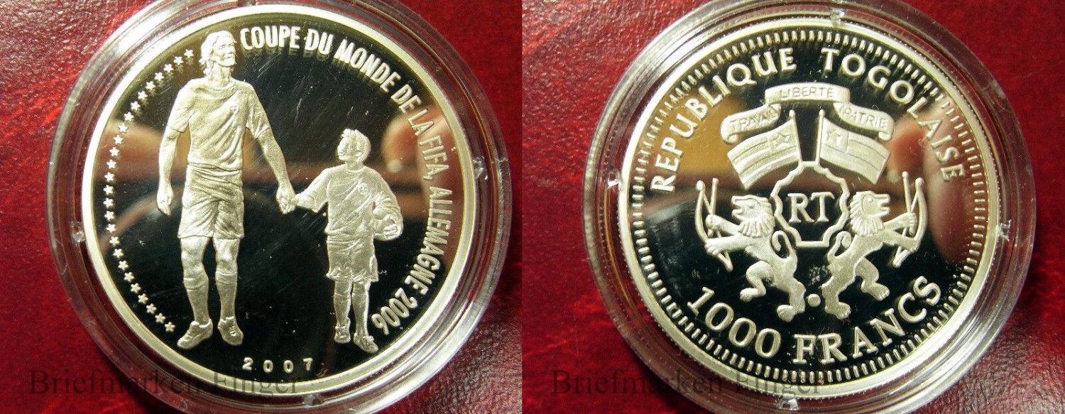 2007 Togo Large Silver Proof 1000 fr Soccer-Germany World Cup