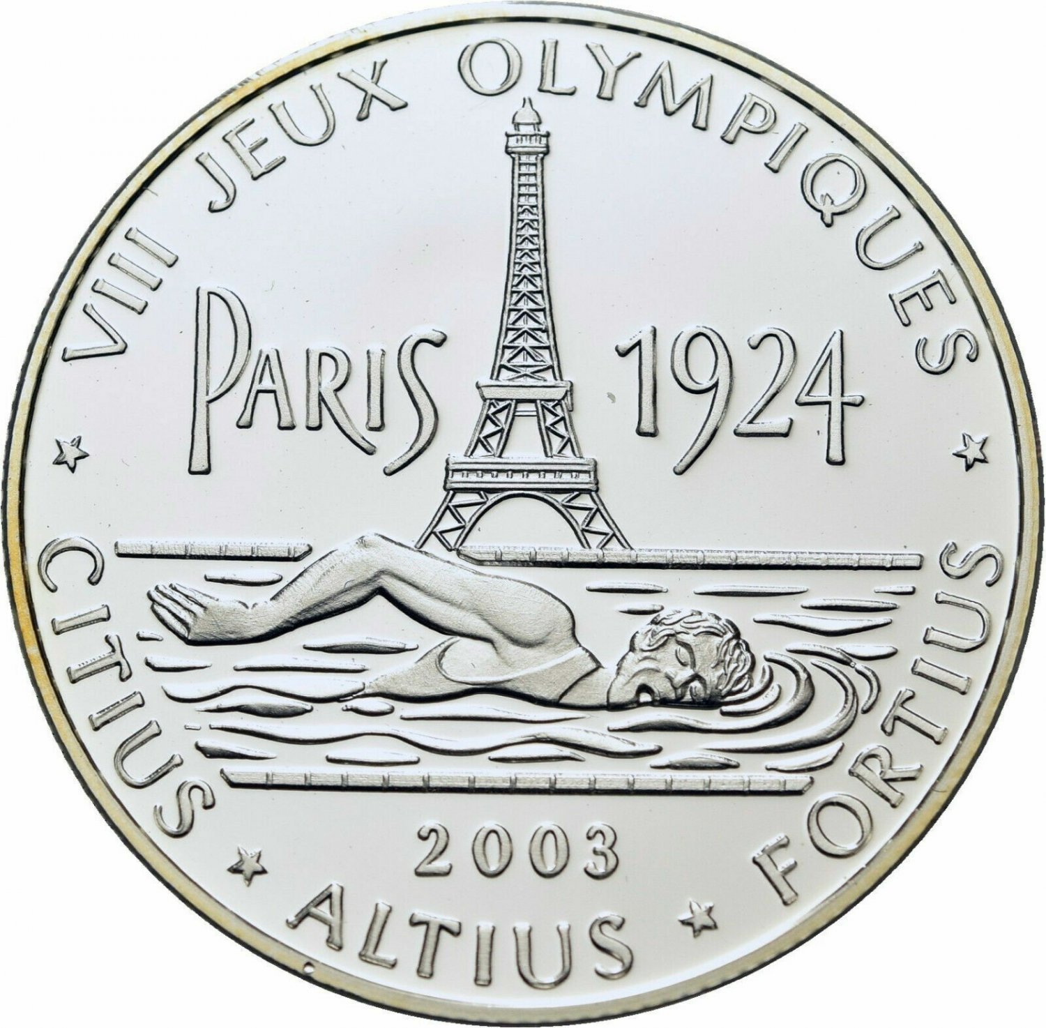 2003 Congo Large Silver Proof 10 Francs-Olympic Games-1924 Paris/Swimmer Eiffel