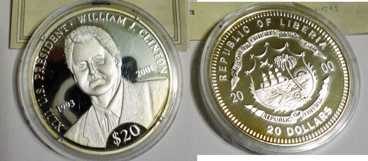 Liberia 2000 Large .999 Silver Proof $20-42nd President Bill Clinton