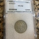 Scarce 1961 J Germany 1 Mark- slabbed