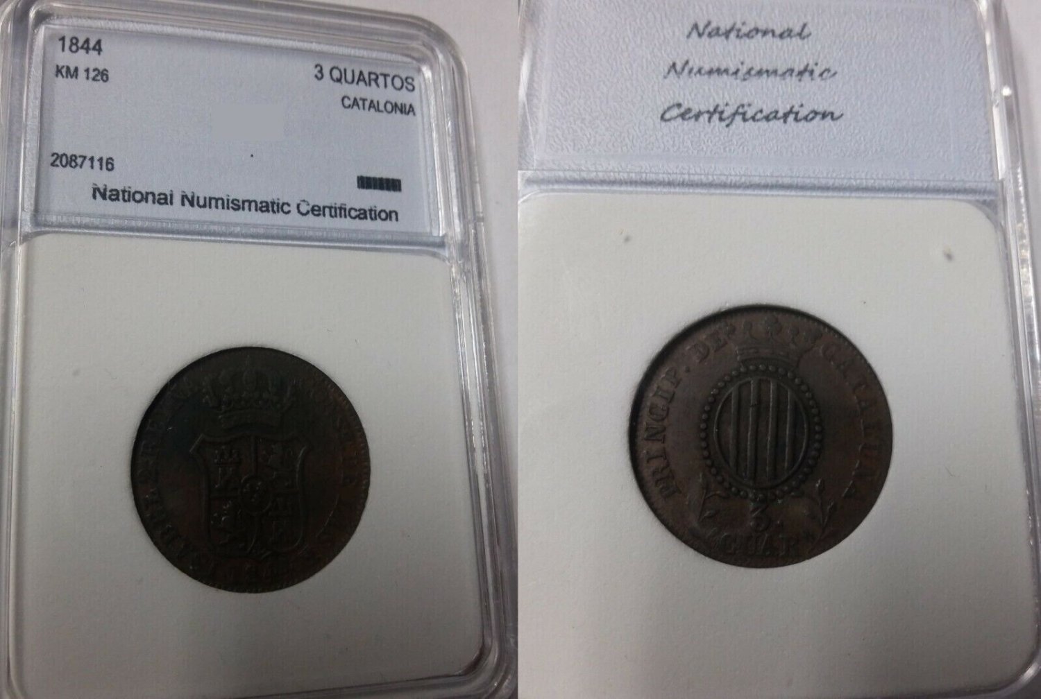 1844 Catalonia Spain 3 Quartos-Nice, slabbed
