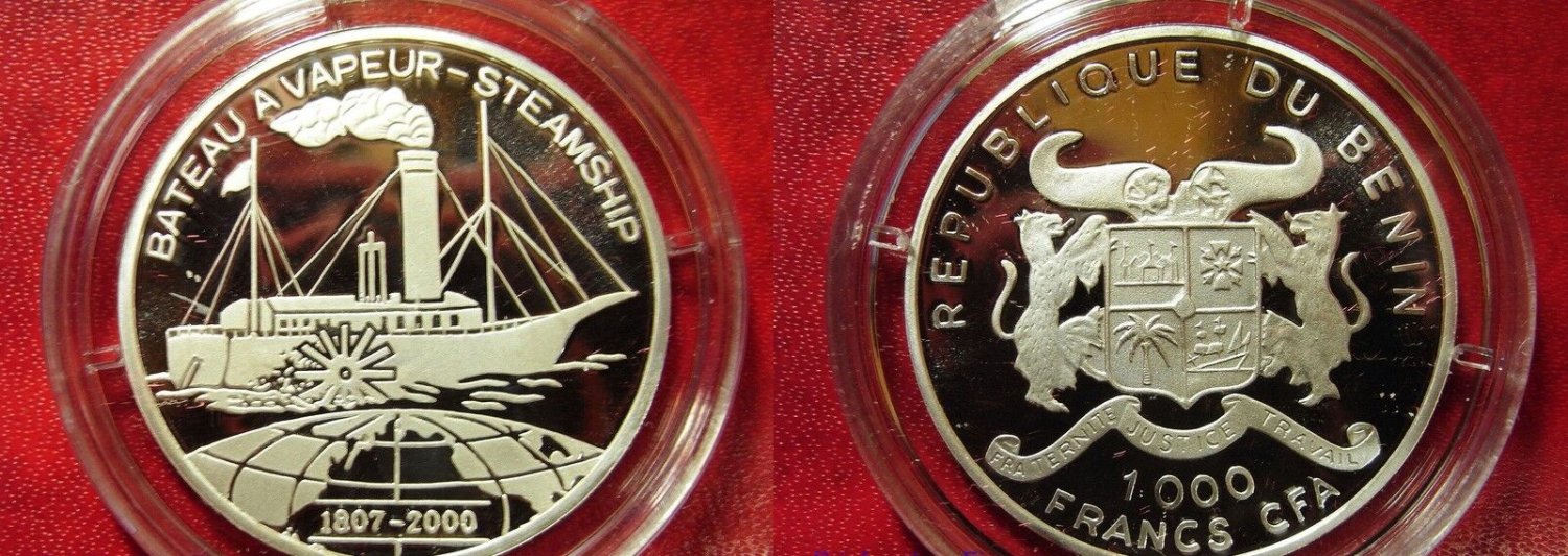 2000 Benin Large Silver  Proof 1000 fr  Invention- Steam Ship
