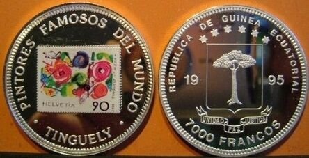 1995 Equatorial Guinea Large Silver Proof 7000 Fr Tinguely-Painting-flowers