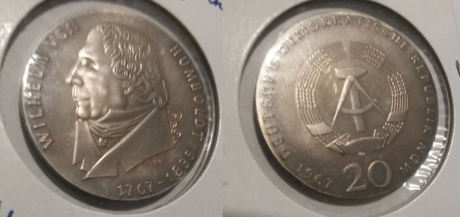 1967 DDR East Germany Large silver 20 Marks-Willhelm von Humboldt-Nice