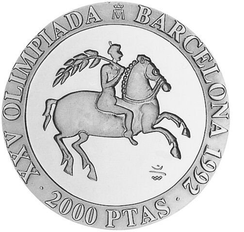 1991 Spain Large  silver Proof 2000 Pesetas-Ancient Olympic Equestrian