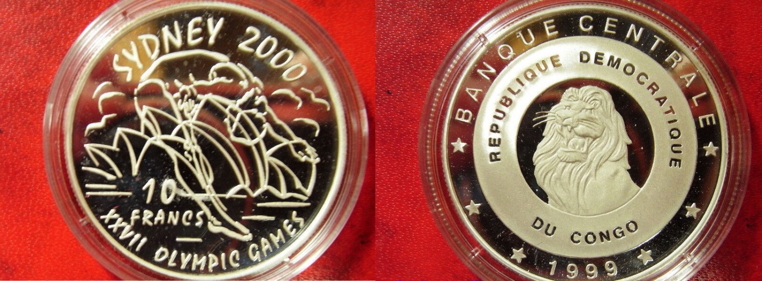 1999 Congo Large Silver Proof 10 Fr 2000 Sydney Olympics
