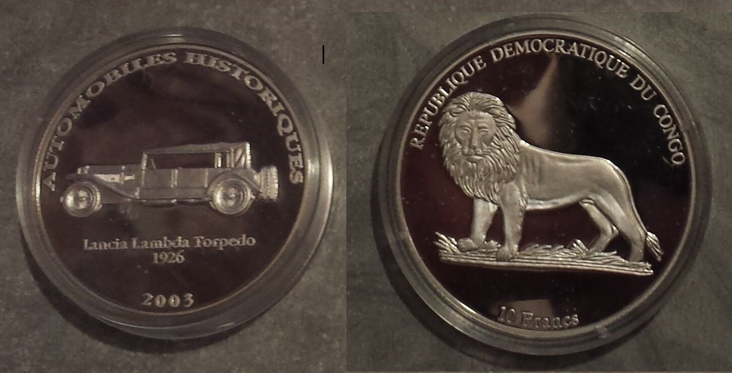 2003 Congo Large Silver Proof 10 Francs-Auto History-Lancia Lambda 1926/Lion