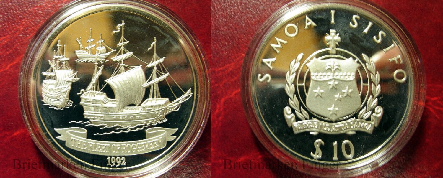 1992 Samoa Large silver Proof 10 Tala Sailing Ship Fleet of Roggeveen