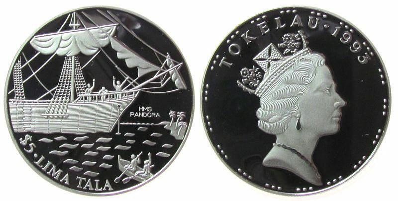 1993 Tokelau Large silver Proof  $5 Sailing Ship Pandora