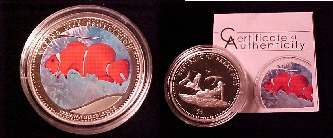 2011 Palau Large Silver Proof color $5 Anemonefish