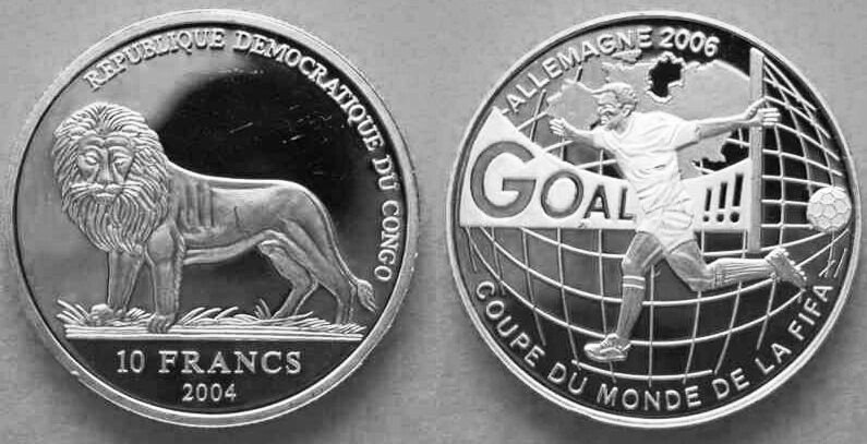 2004 Congo Large Silver Proof 10 fr Soccer world Cup