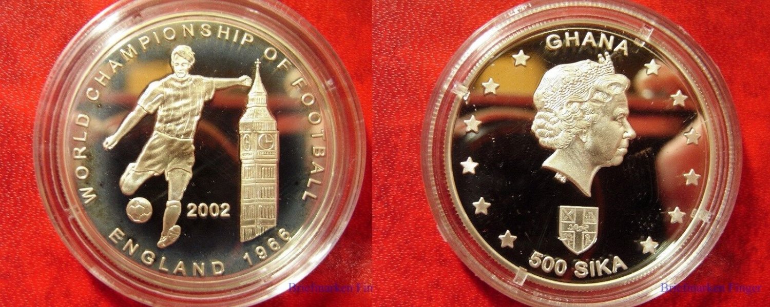 2002 Ghana Large Silver Proof 500 sika Soccer-England 1966 World Cup/Big Ben