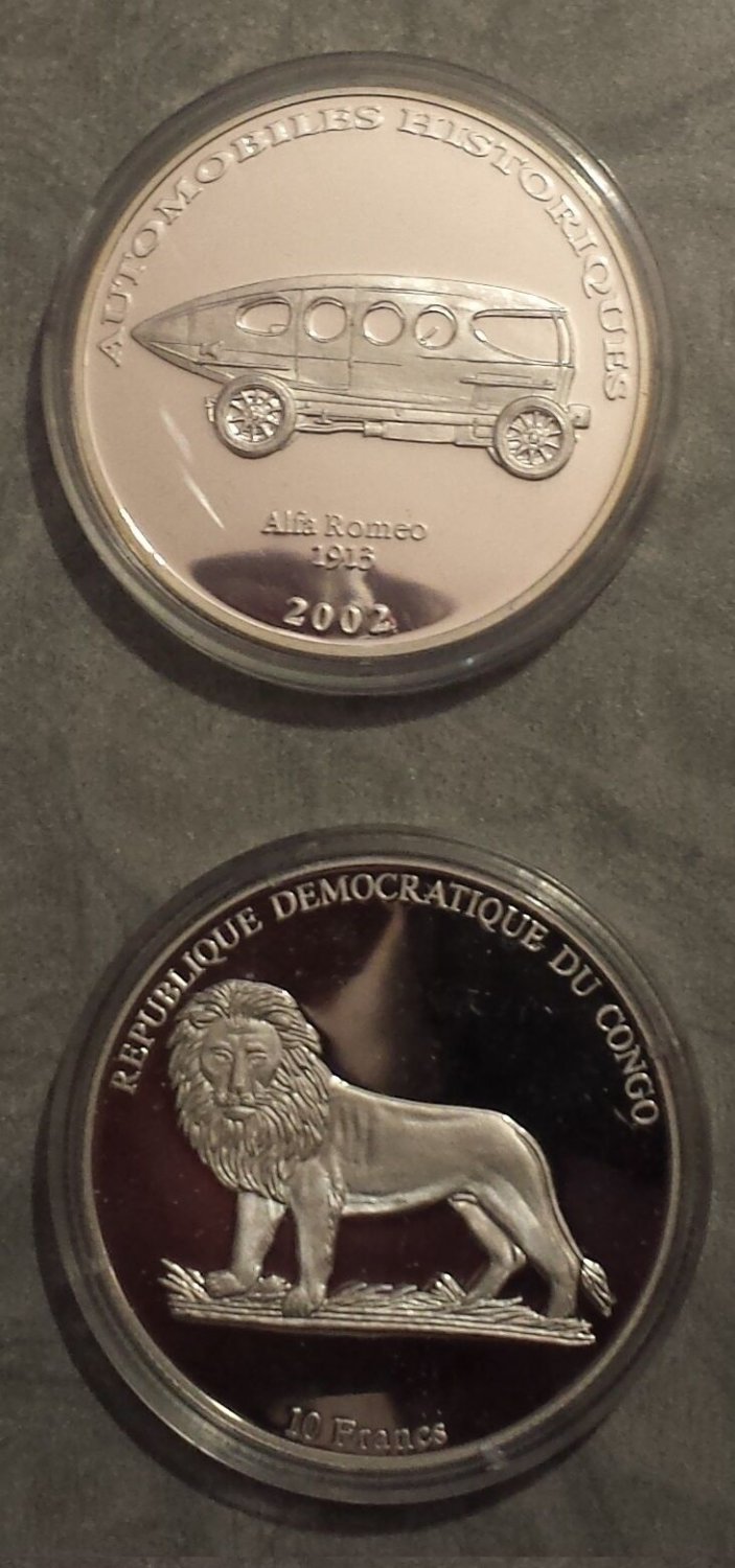 2002 Congo Large Silver Proof 10 Francs-Auto History-Alfa Romeo 1913/Lion