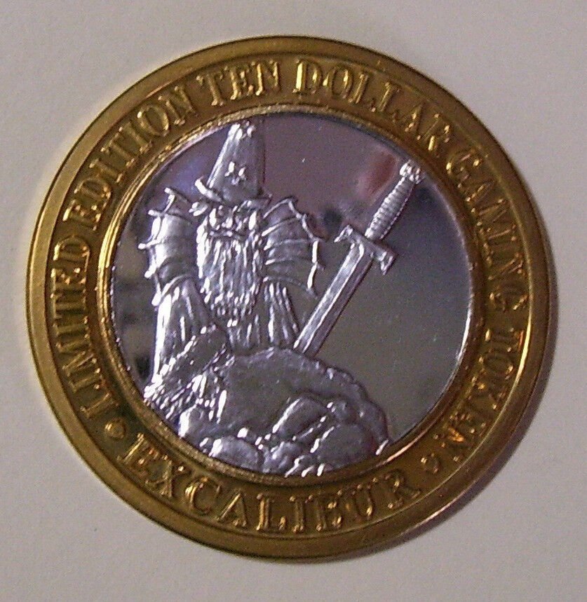 USA Large Silver bi-metal Las Vegas Casino $10 Token-Excalibur/Merlin/Castle