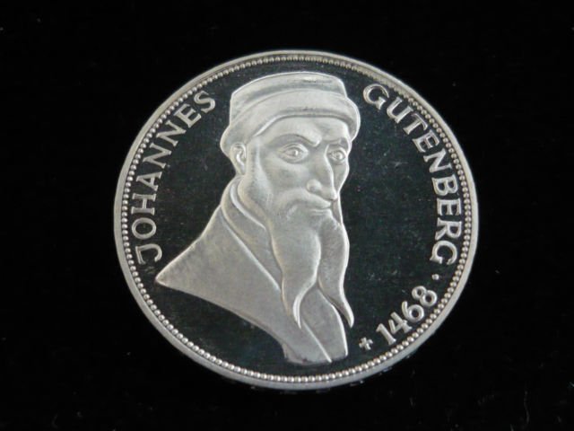 1968 Germany Silver Proof 5 Marks Printing Press Inventor Gutenberg